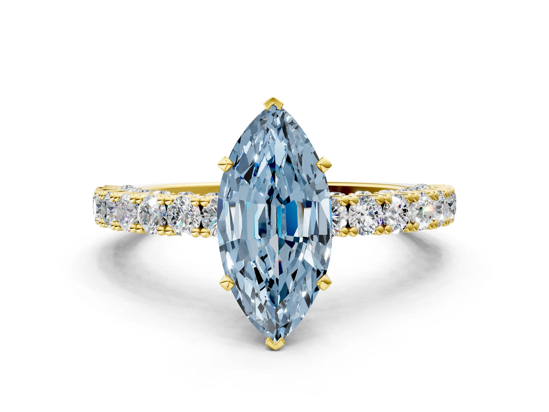 Yellow gold Fancy Blue Marquise Cut Diamond Pavé Band Solitaire Ring with Prong Setting_78