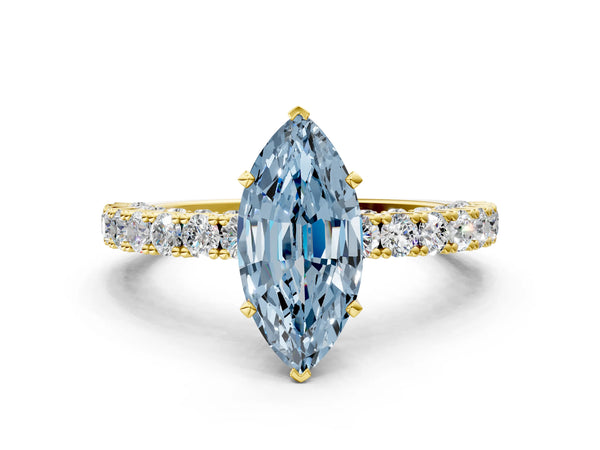 Yellow gold Fancy Blue Marquise Cut Diamond Pavé Band Solitaire Ring with Prong Setting