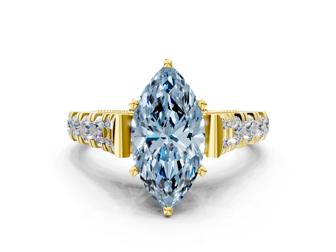 Yellow gold Fancy Blue Marquise  Cut Diamond Pavé Band Solitaire with Four-Prong Setting_18