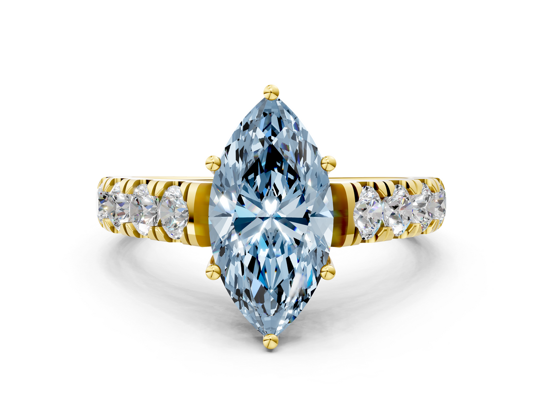 Yellow gold Fancy Blue Marquise  Cut Diamond Pavé Band Solitaire with Four-Prong Setting_3