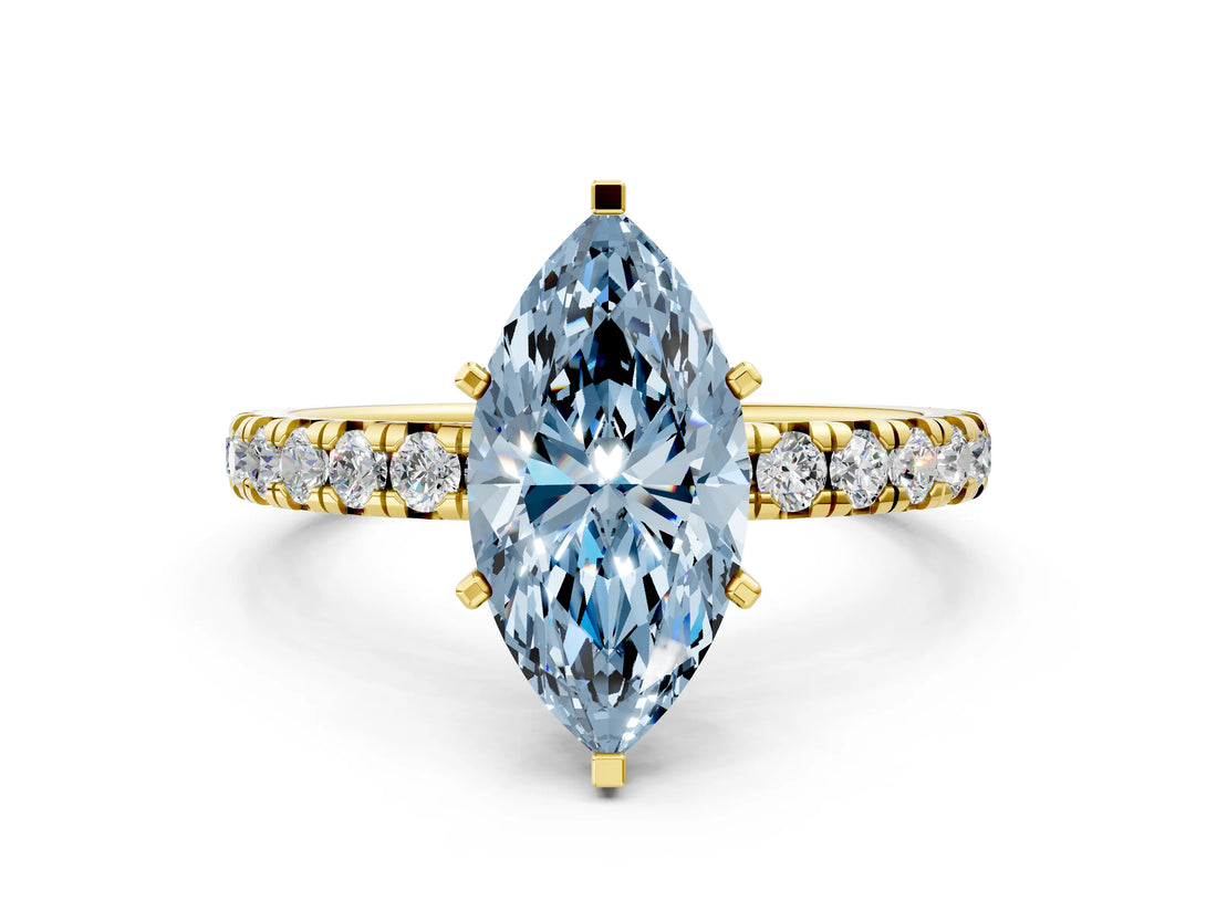 Yellow gold Fancy Blue Marquise Cut Diamond Pavé Solitaire Ring with Round Band and Prong Setting_12
