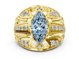 Yellow gold Fancy Blue Marquise Cut Diamond Pave Art Deco Split Shank Ring with Four-Prong Setting