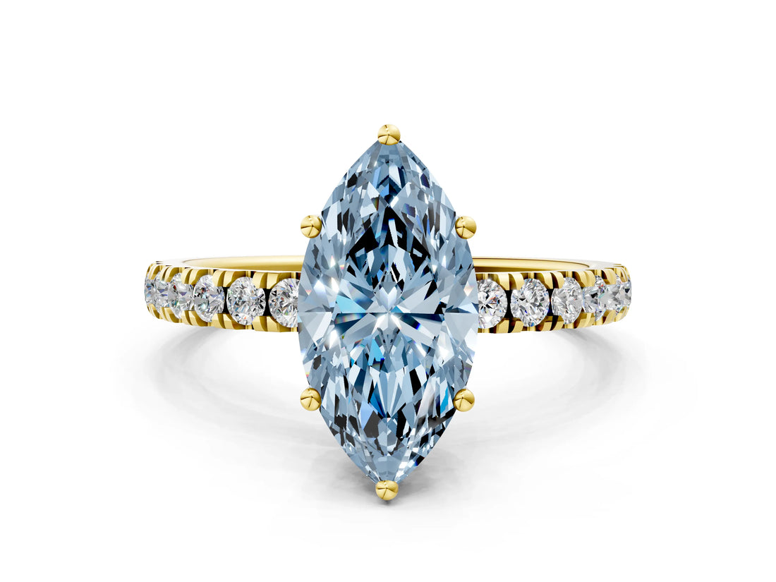 Yellow gold Fancy Blue Marquise Cut Diamond Pave Band Solitaire Ring with Four-Prong Setting_58
