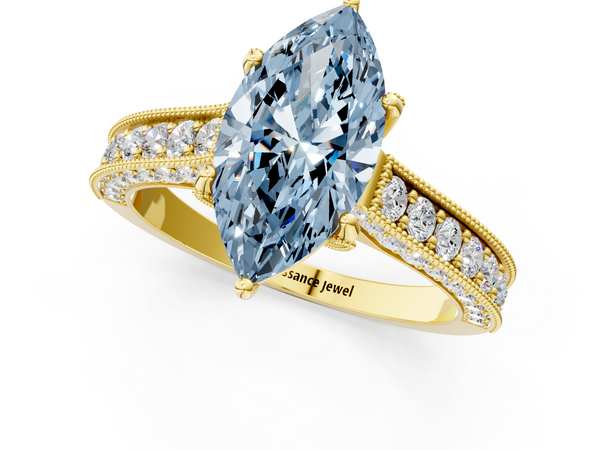 Yellow gold Fancy Blue Marquise  Cut Diamond Solitaire Ring with Milgrain Pave Band and Four Prong Setting