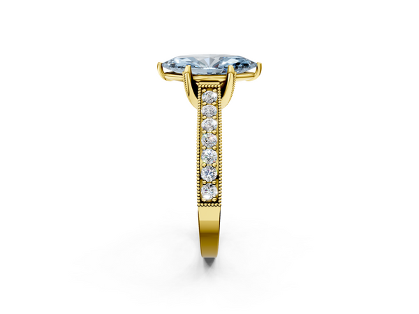 Yellow gold Fancy Blue Marquise  Cut Diamond Solitaire Ring with Milgrain Pave Band and Four Prong Setting
