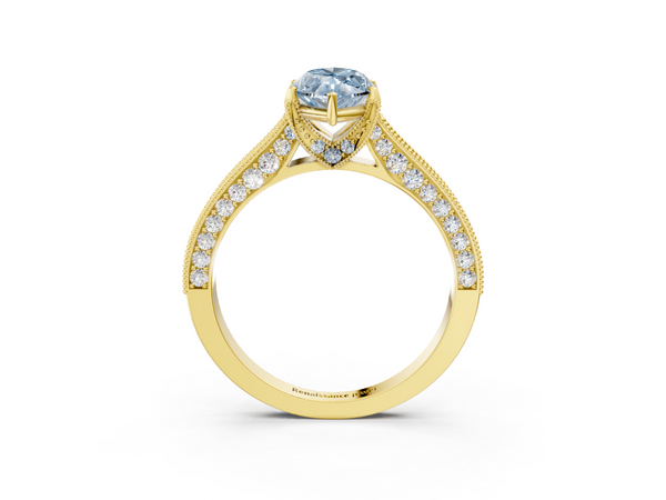 Yellow gold Fancy Blue Marquise  Cut Diamond Solitaire Ring with Milgrain Pave Band and Four Prong Setting