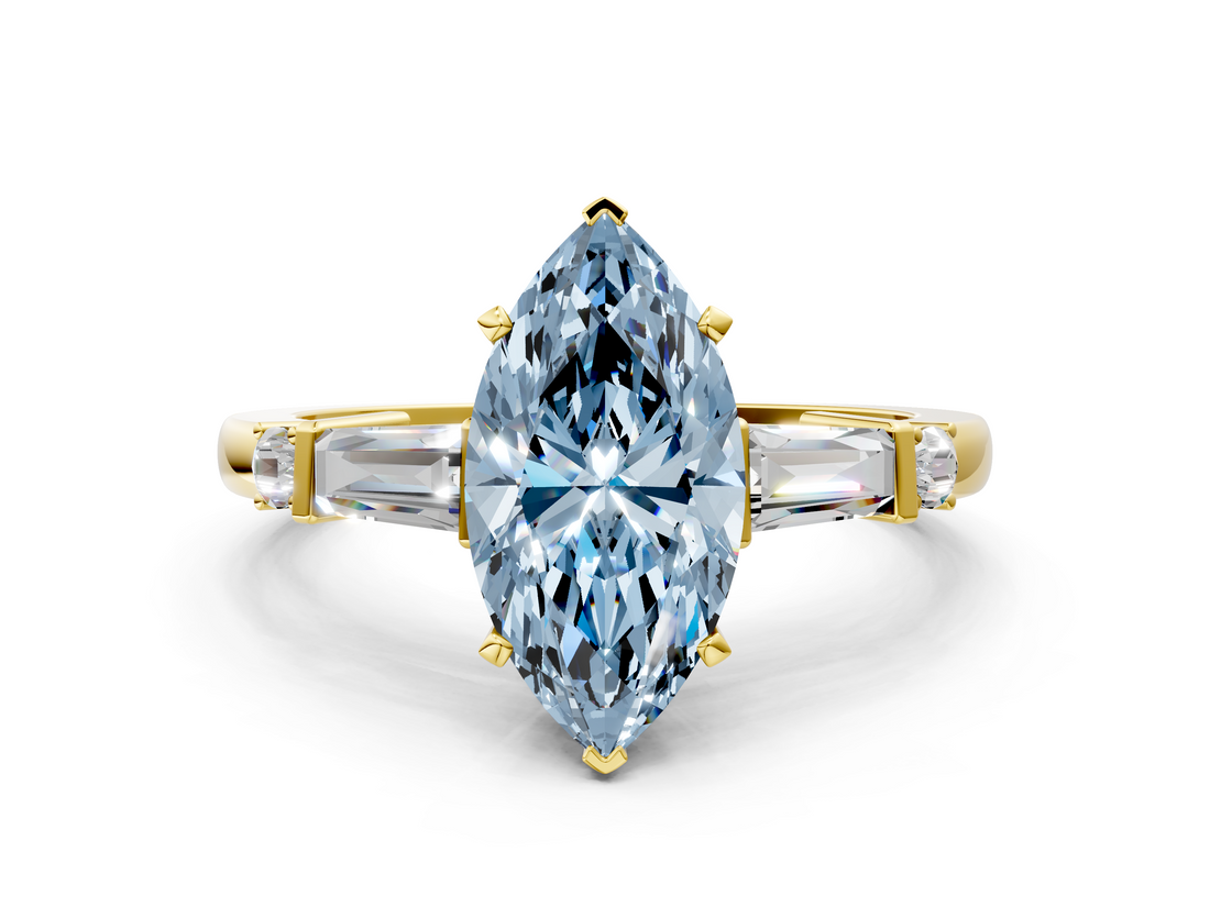 Yellow gold Fancy Blue Marquise  Cut Diamond Ring with Baguette Side Stones, Channel Set Band, and Four-Prong Setting_20