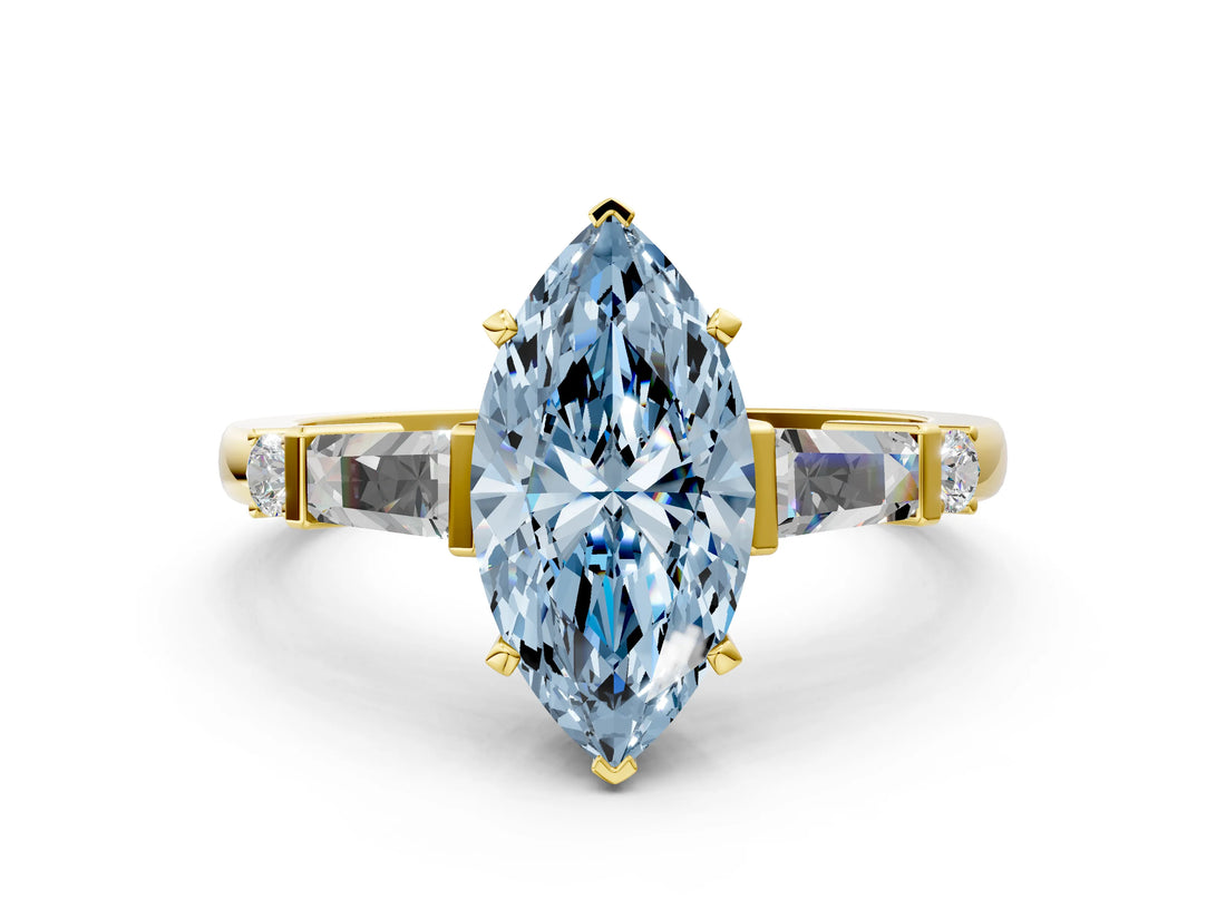 Yellow gold Fancy Blue Marquise  Cut Diamond Ring with Baguette Side Stones, Channel Set Band, and Four-Prong Setting_24