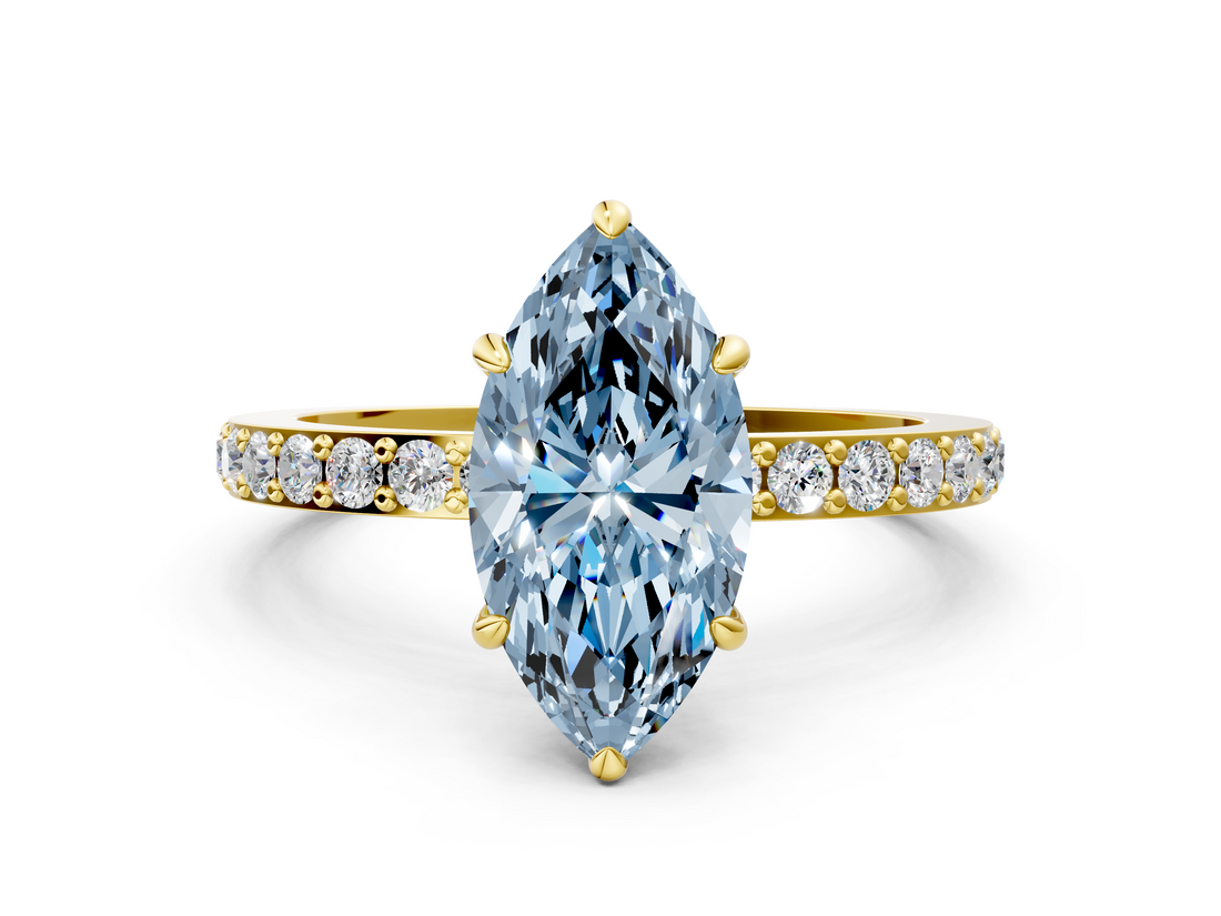 Yellow gold Fancy Blue Marquise  Cut Diamond Ring with Pavé Band and Four-Prong Setting_38