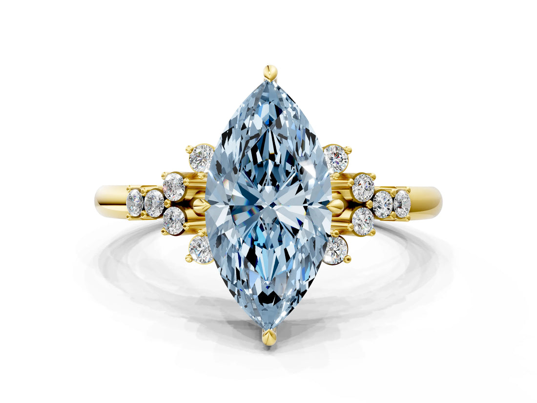 Yellow gold Fancy Blue Marquise Cut Diamond Ring with Side Stones and Four-Prong Setting_111