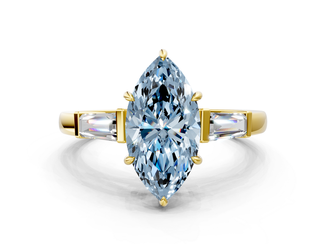 Yellow gold Fancy Blue Marquise  Cut Diamond Ring with Tapered Baguette Side Stones in Four-Prong Setting_3