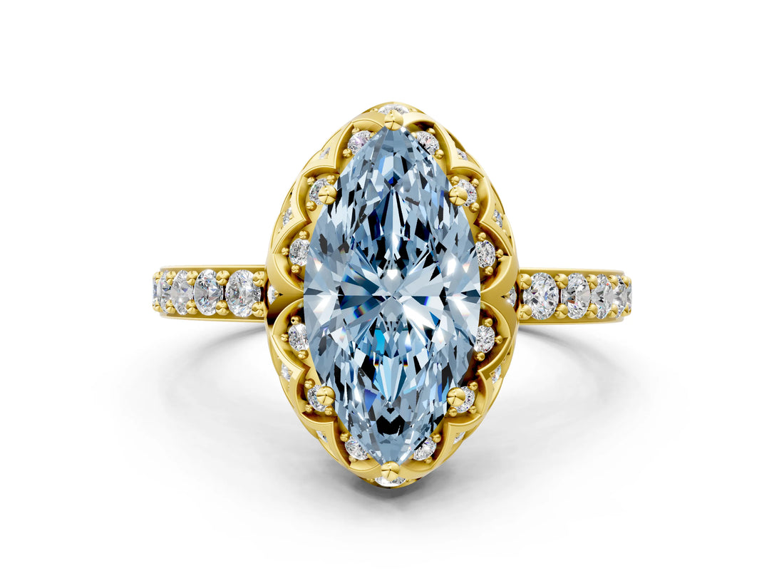 Yellow gold Fancy Blue Marquise Cut Diamond Scalloped Halo Engagement Ring with Round Shared Prong Band_12