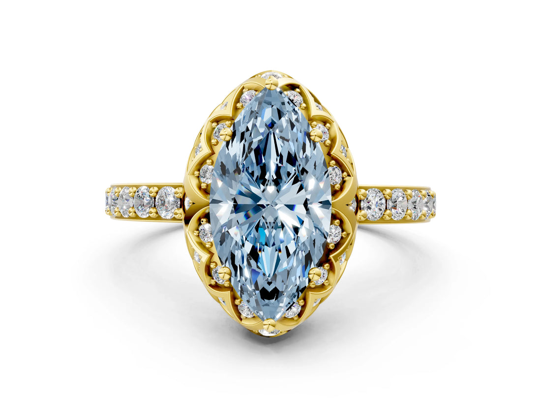 Yellow gold Fancy Blue Marquise Cut Diamond Scalloped Halo Engagement Ring with Round Shared Prong Band_24