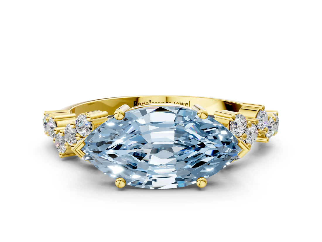 Yellow gold Fancy Blue Marquise Cut Diamond Scattered Round Accent Ring with Prong Setting_12