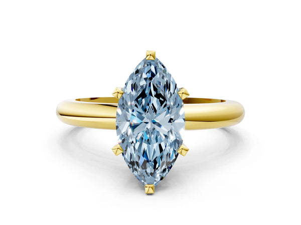 Yellow gold Fancy Blue Marquise Cut Diamond Solitaire Engagement Ring with Round Band and Four-Prong Setting
