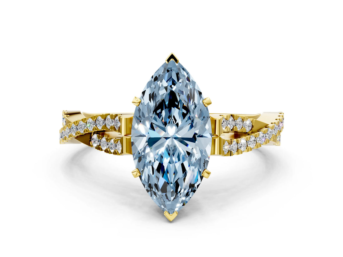 Yellow gold Fancy Blue Marquise Cut Diamond Solitaire Engagement Ring with Twisted Pavé Band and Four-Prong Setting_44