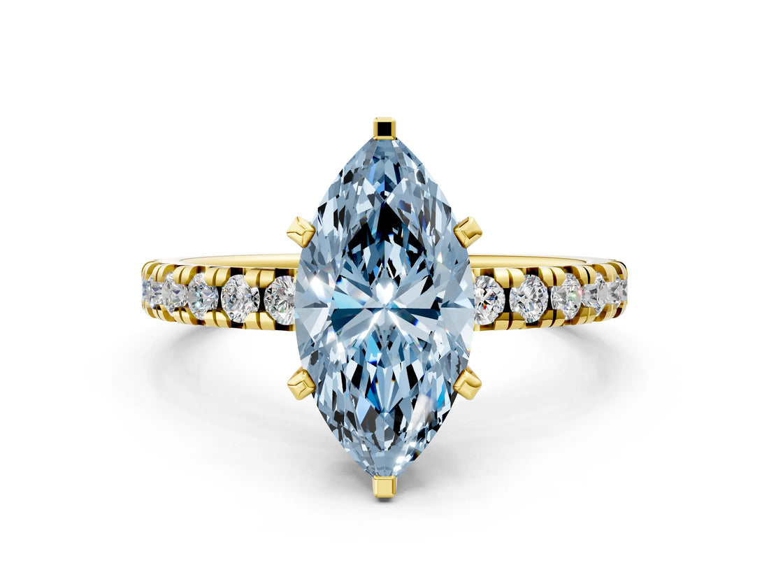 Yellow gold Fancy Blue Marquise Cut Diamond Solitaire Pavé Engagement Ring with Round Band and Prong Setting_32