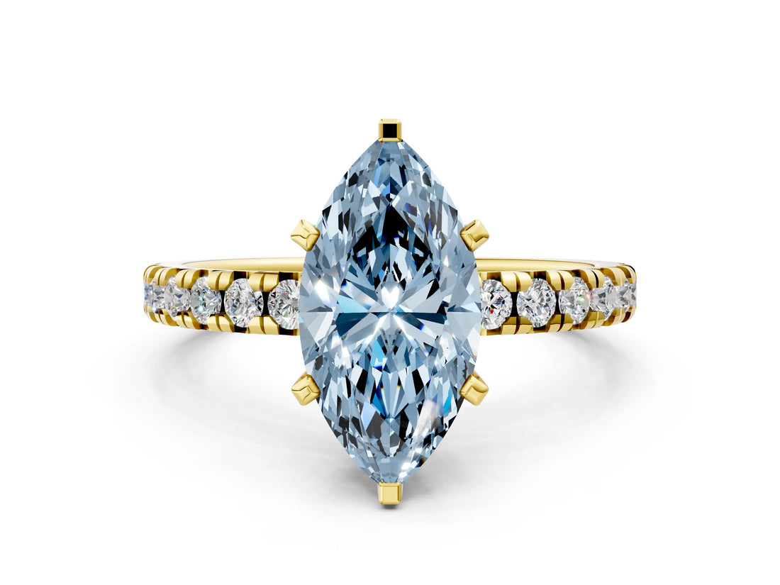 Yellow gold Fancy Blue Marquise Cut Diamond Solitaire Pavé Engagement Ring with Round Band and Prong Setting_68