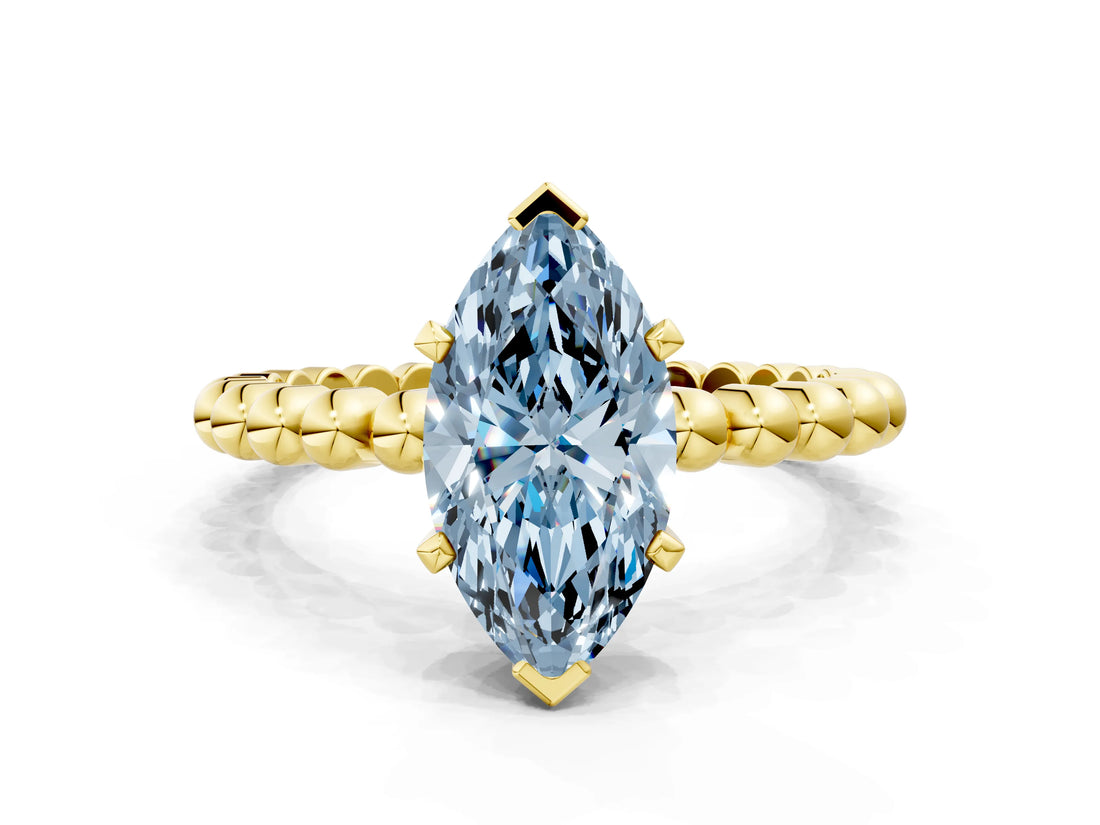 Yellow gold Fancy Blue Marquise Cut Diamond Solitaire Ring with Beaded Band and Prong Setting_298