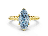 Yellow gold Fancy Blue Marquise Cut Diamond Solitaire Ring with Beaded Band and Prong Setting_298