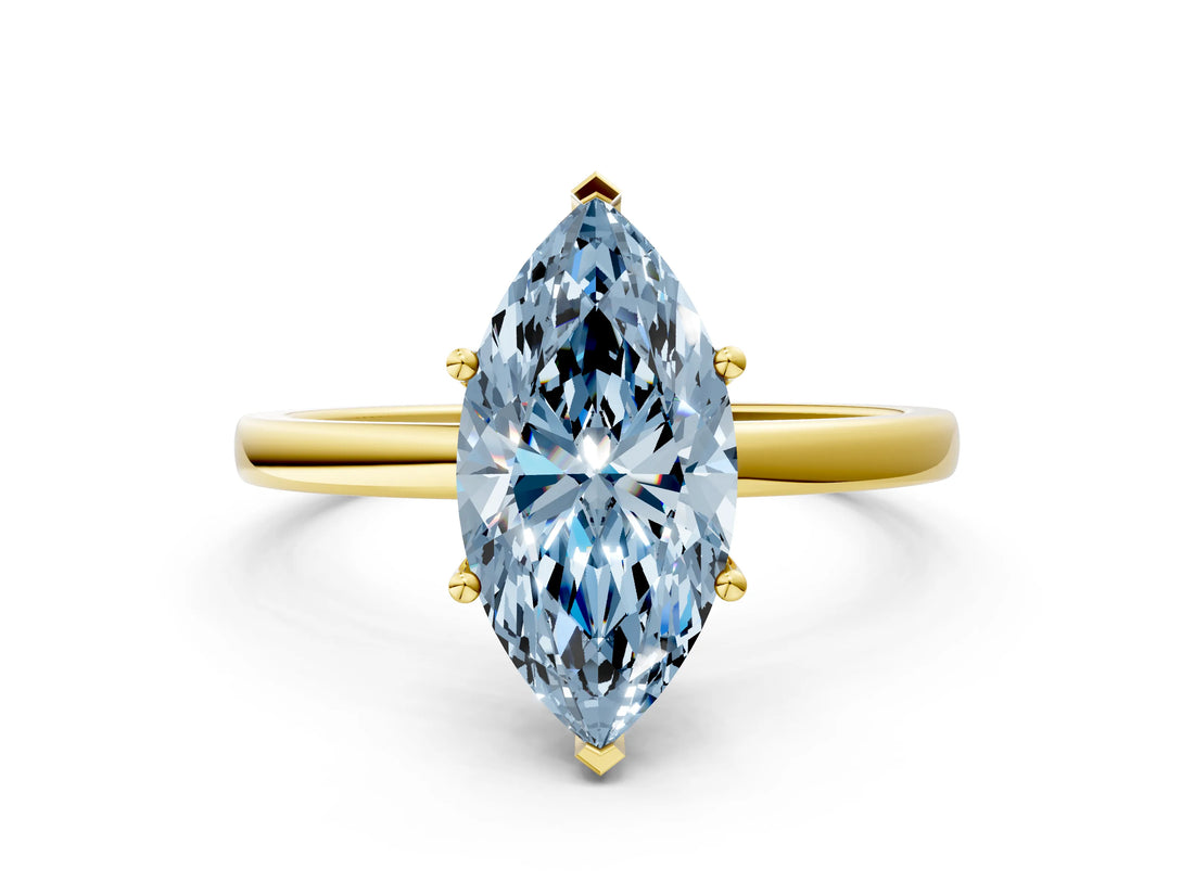 Yellow gold Fancy Blue Marquise Cut Diamond Solitaire Ring with Classic Band and Four-Prong Setting