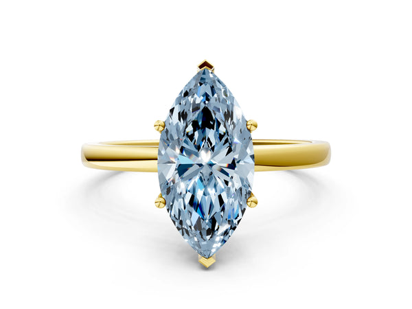 Yellow gold Fancy Blue Marquise Cut Diamond Solitaire Ring with Classic Band and Four-Prong Setting