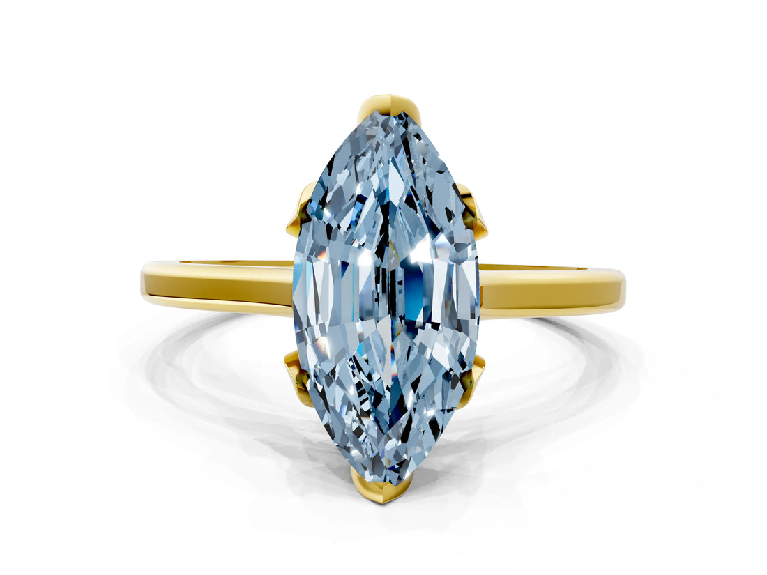 Yellow gold Fancy Blue Marquise Cut Diamond Solitaire Ring with Flower Prong Setting and Classic Band_84