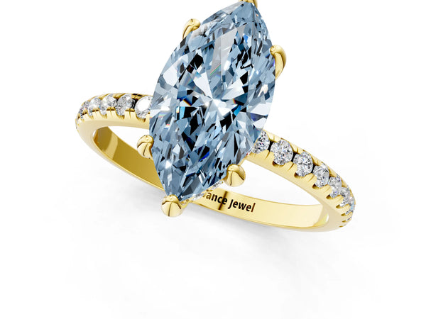 Yellow gold Fancy Blue Marquise Cut Diamond Solitaire Ring with Four-Prong Setting and Pavé Band