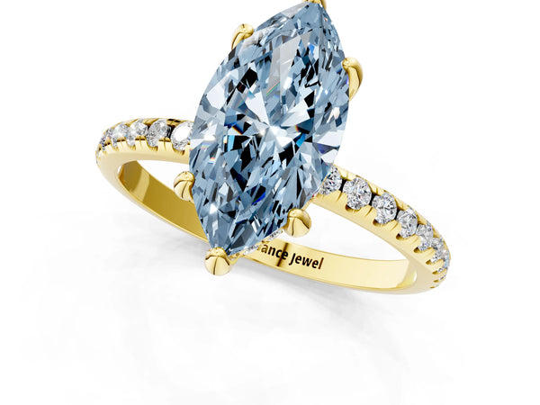 Yellow gold Fancy Blue Marquise Cut Diamond Solitaire Ring with Four-Prong Setting and Pavé Band