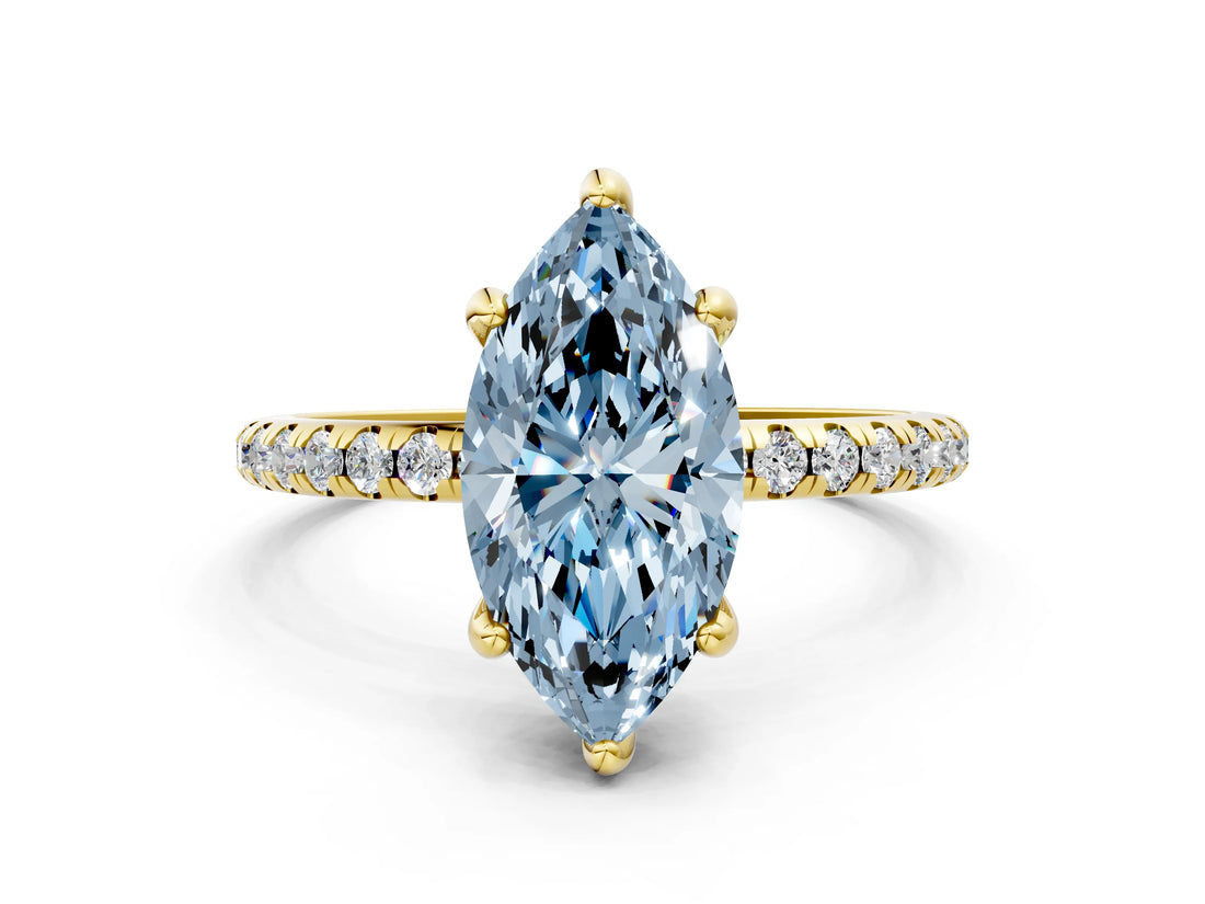 Yellow gold Fancy Blue Marquise Cut Diamond Solitaire Ring with Four-Prong Setting and Pavé Band_37