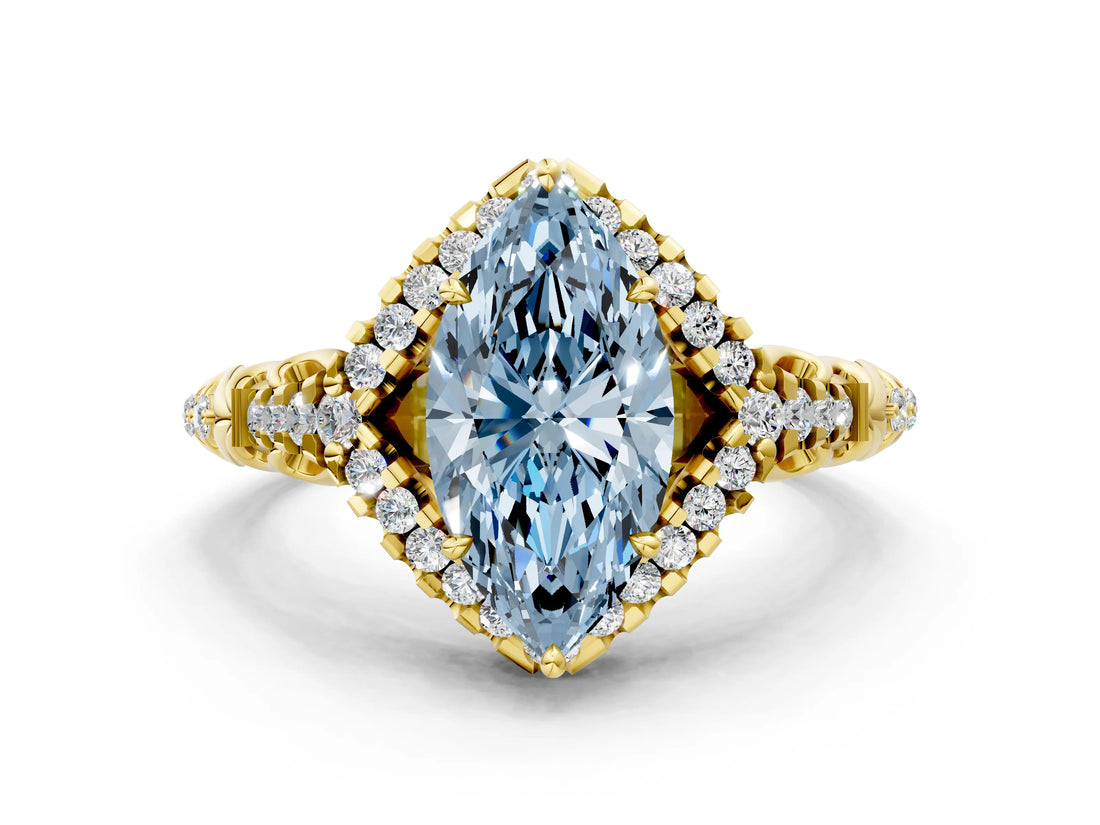 Yellow gold Fancy Blue Marquise Cut Diamond Solitaire Ring with Hidden Halo and Pavé Band_48