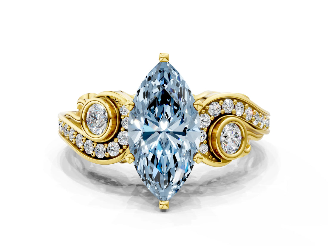 Yellow gold Fancy Blue Marquise Cut Diamond Solitaire Ring with Milgrain Pavé Band and Four-Prong Setting_171
