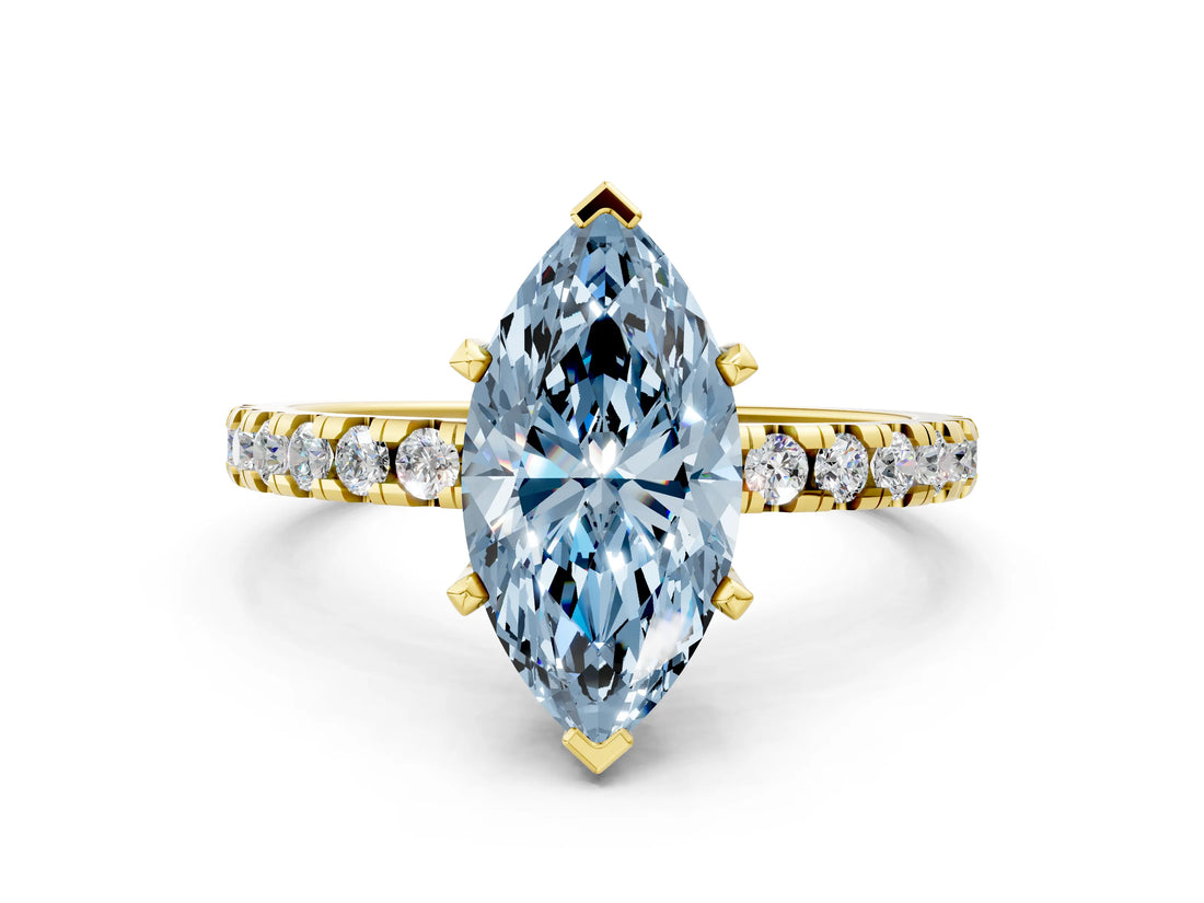 Yellow gold Fancy Blue Marquise Cut Diamond Solitaire Ring with Pavé Band and Four-Prong Setting_58