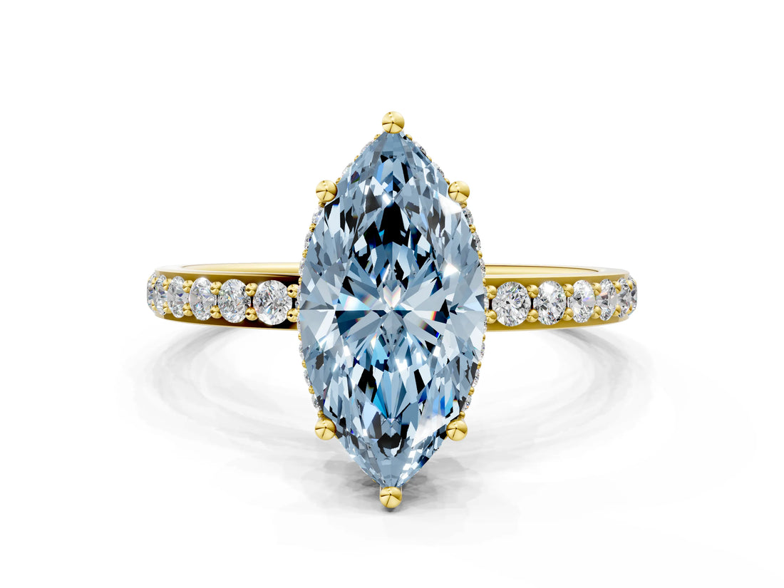 Yellow gold Fancy Blue Marquise Cut Diamond Solitaire Ring with Pavé Band and Hidden Halo_21