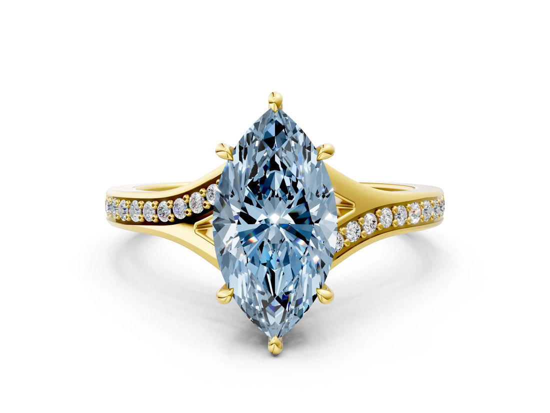 Yellow gold Fancy Blue Marquise Cut Diamond Solitaire Ring with Pavé Band and Prong Setting_12