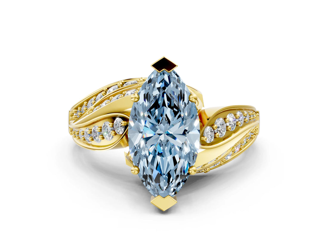 Yellow gold Fancy Blue Marquise Cut Diamond Solitaire Ring with Prong Setting and Twisted Pavé Band_12