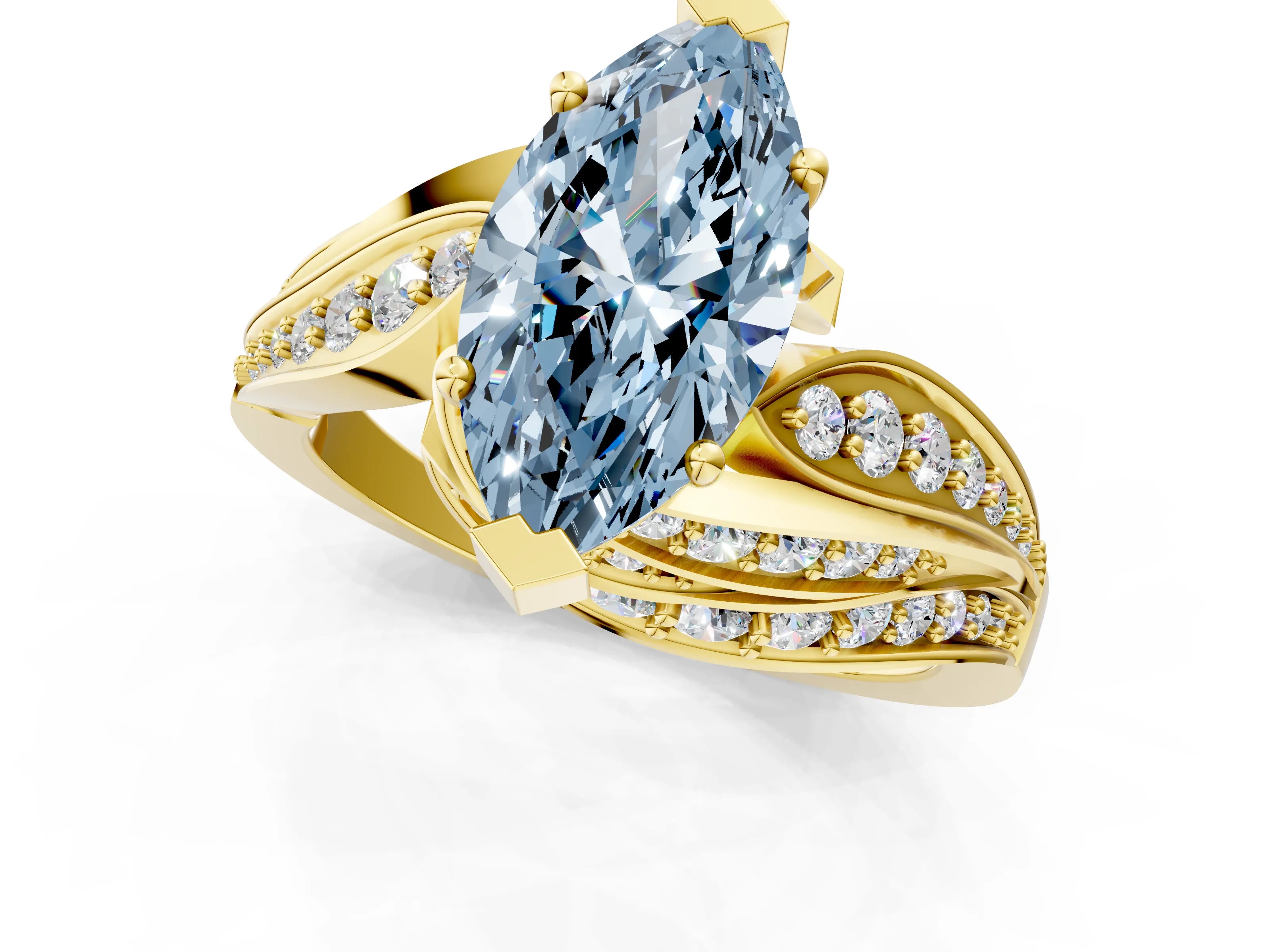 Yellow gold Fancy Blue Marquise Cut Diamond Solitaire Ring with Prong Setting and Twisted Pavé Band_13