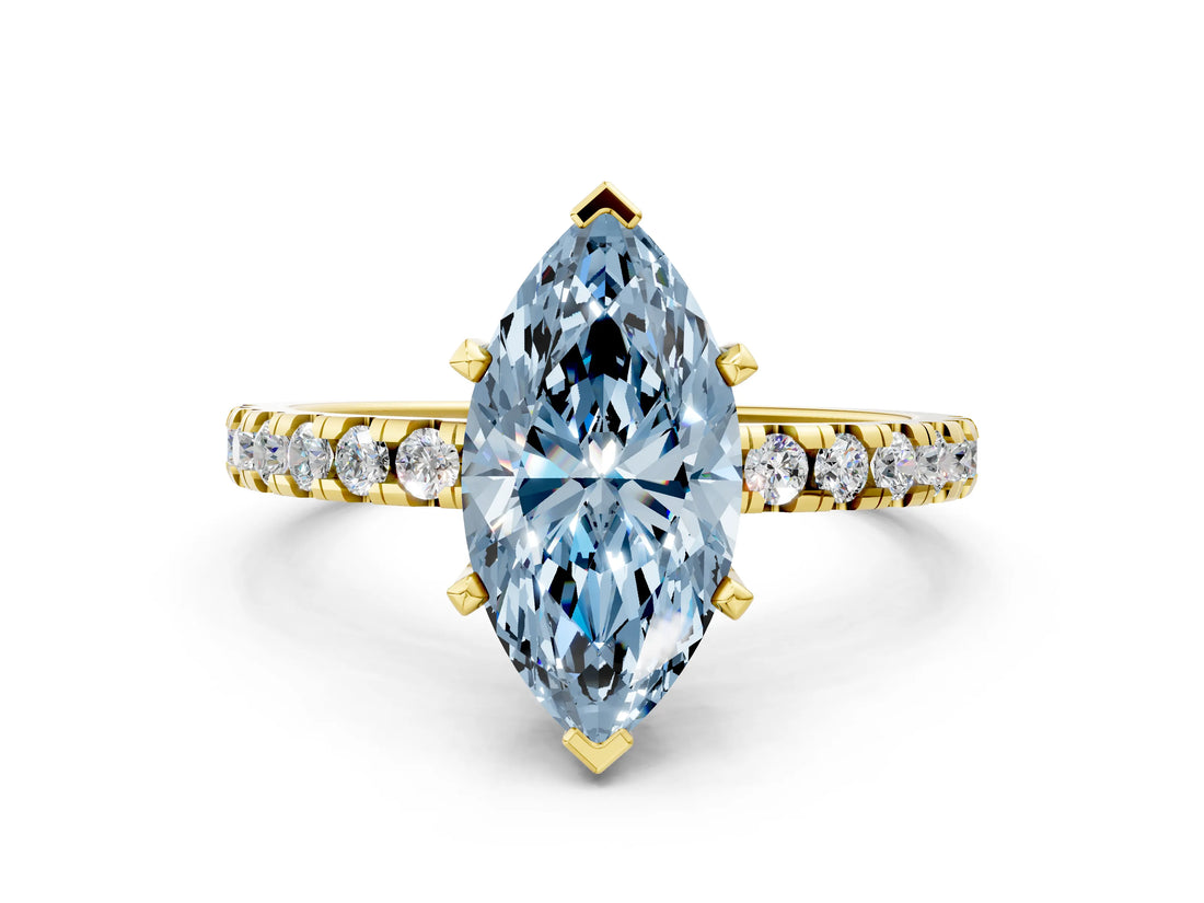 Yellow gold Fancy Blue Marquise Cut Diamond Solitaire Ring with Round  Pavé Band and Four-Prong Setting_34