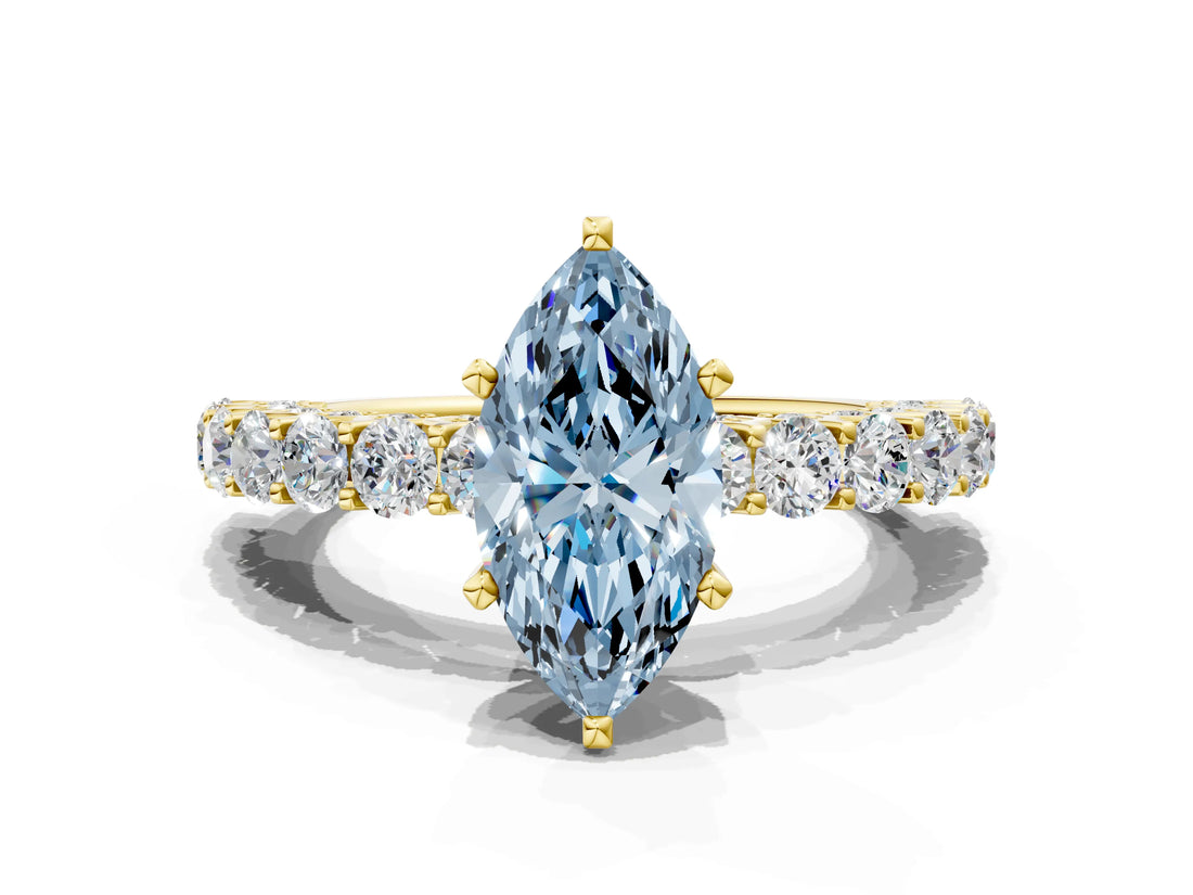 Yellow gold Fancy Blue Marquise Cut Diamond Solitaire Ring with Shared Prong Pavé Band and Four-Prong Setting_59
