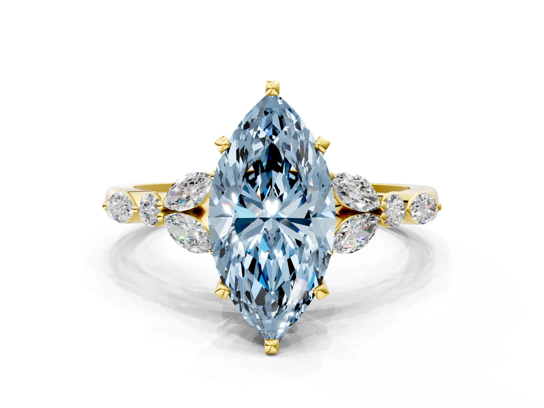 Yellow gold Fancy Blue Marquise Cut Diamond Solitaire Ring with Side Stones and Four-Prong Setting_92