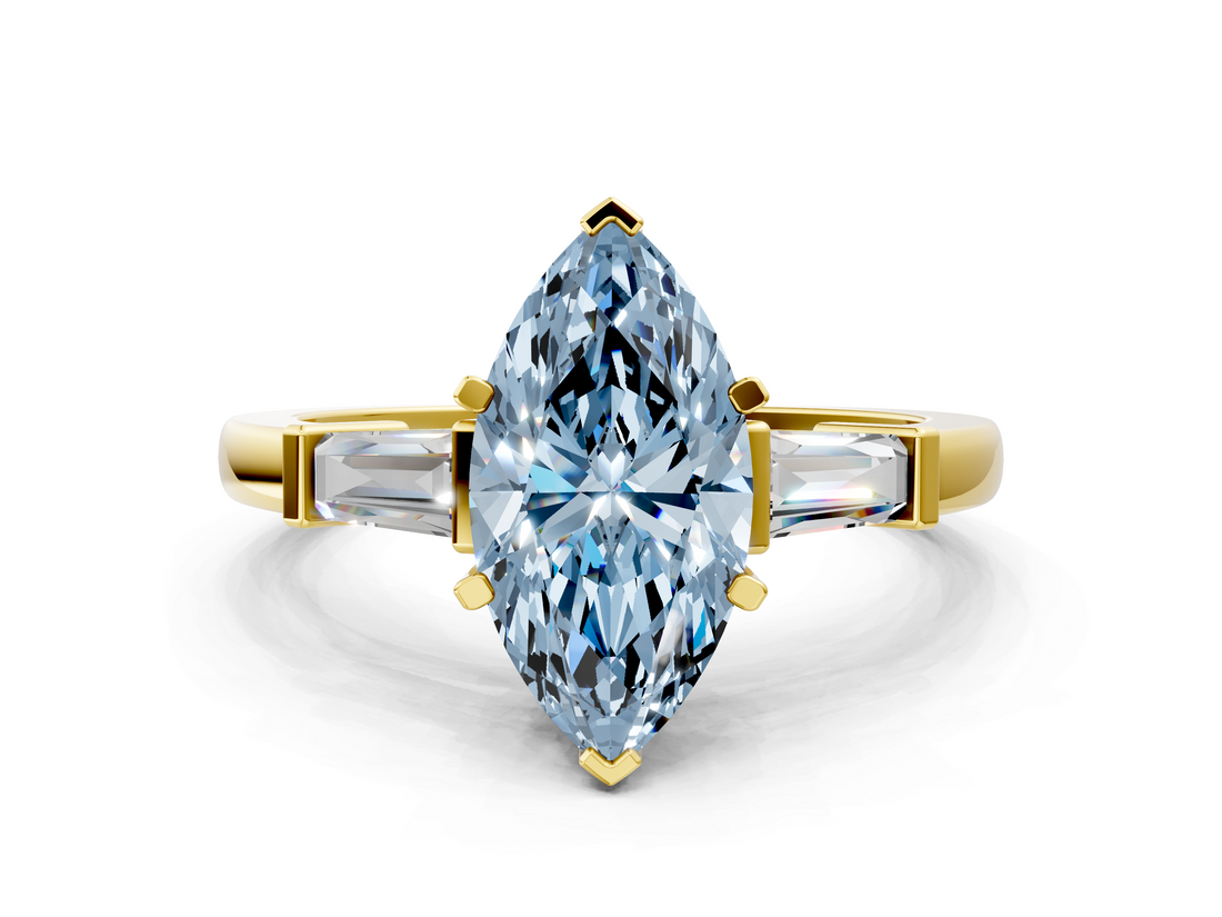 Yellow gold Fancy Blue Marquise  Cut Diamond Solitaire Ring with Tapered Baguette Accents and Four-Prong Setting_62