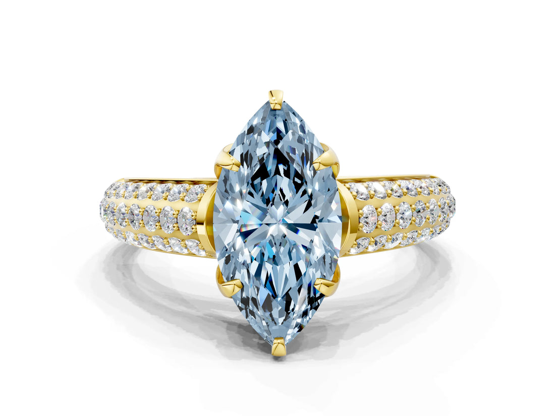 Yellow gold Fancy Blue Marquise Cut Diamond Solitaire Ring with Three-Row Pavé Band and Four-Prong Setting_37