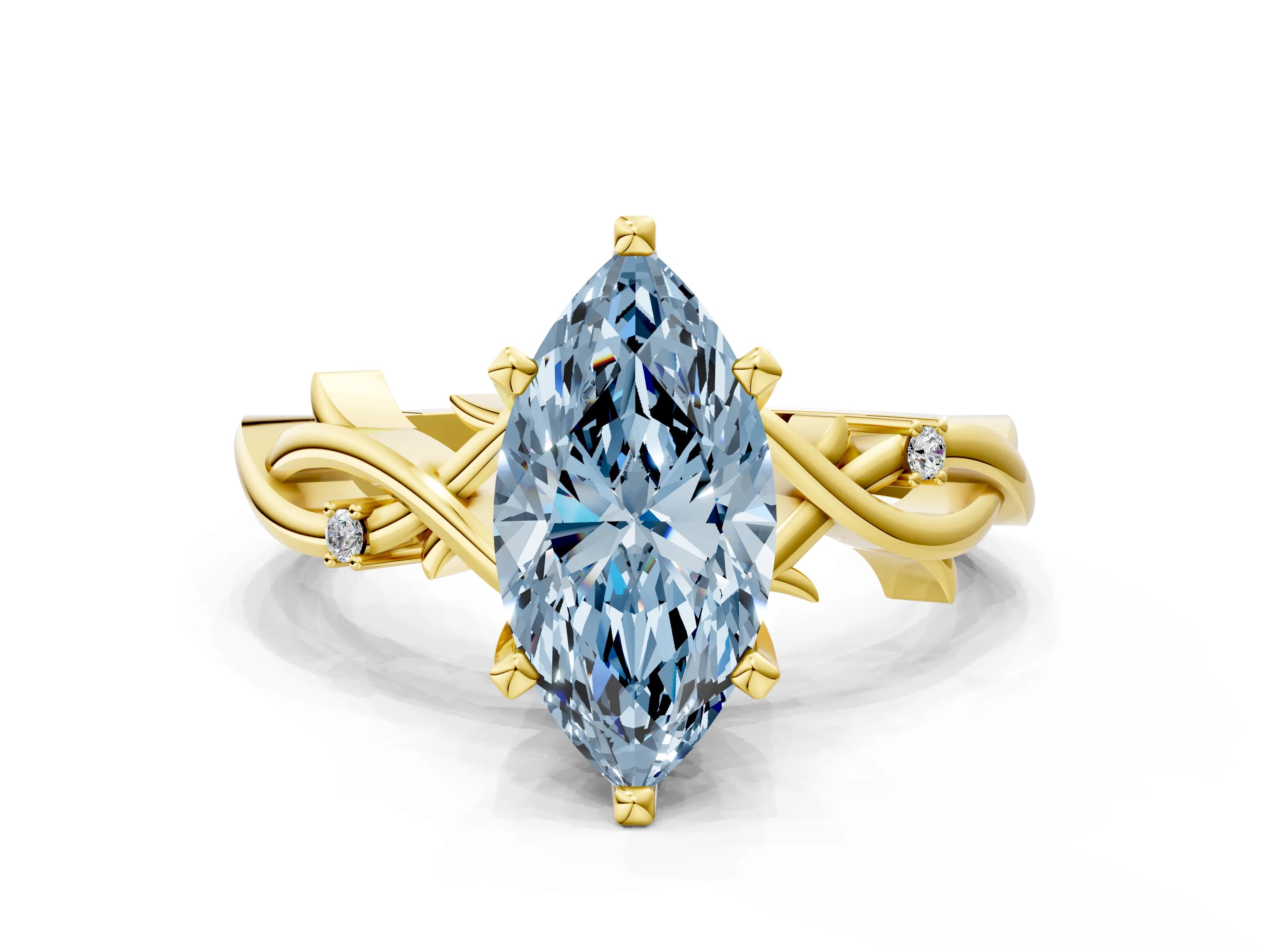 Yellow gold Fancy Blue Marquise Cut Diamond Solitaire Ring with Twisted Band and Prong Setting_222