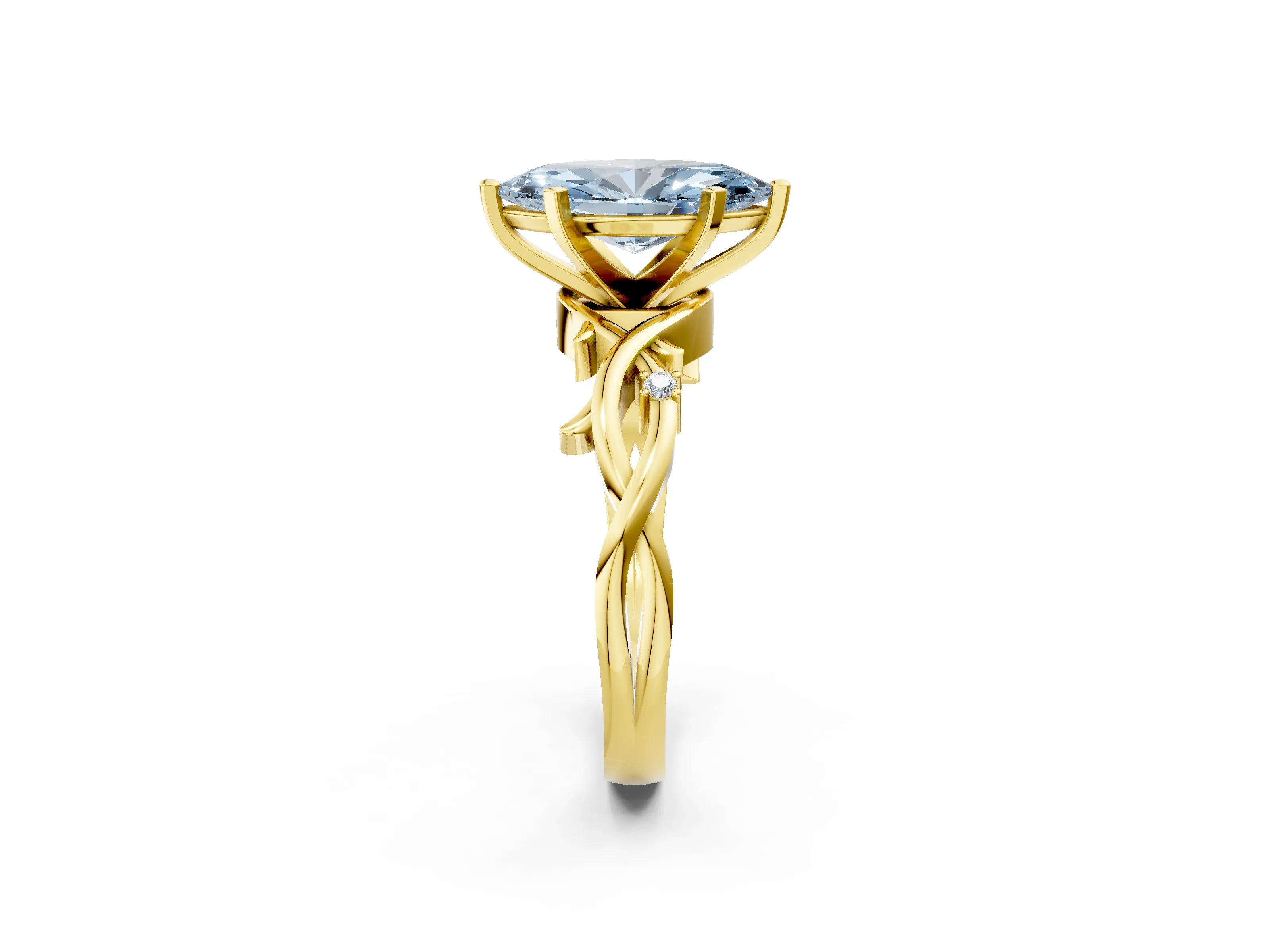 Yellow gold Fancy Blue Marquise Cut Diamond Solitaire Ring with Twisted Band and Prong Setting_224
