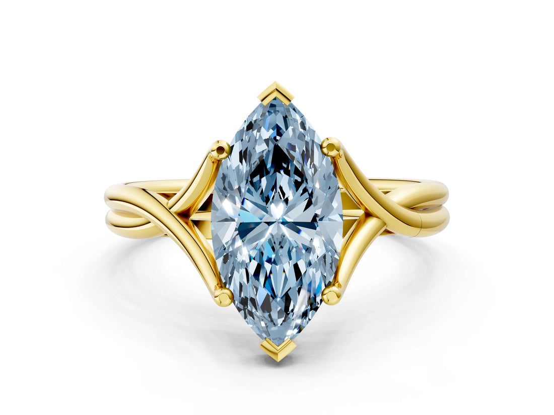 Yellow gold Fancy Blue Marquise Cut Diamond Solitaire Twist Band Prong Setting Ring_67