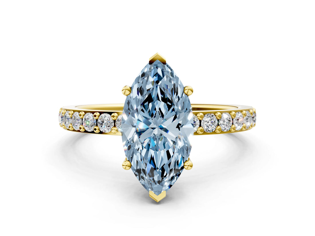 Yellow gold Fancy Blue Marquise  Cut Diamond Solitaire with Pave Band and Four-Prong Setting 1