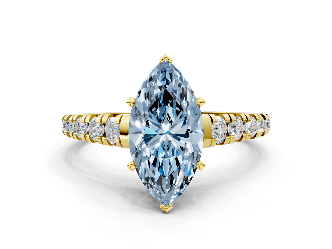 Yellow gold Fancy Blue Marquise  Cut Diamond Solitaire with Pave Band and Four-Prong Setting_144