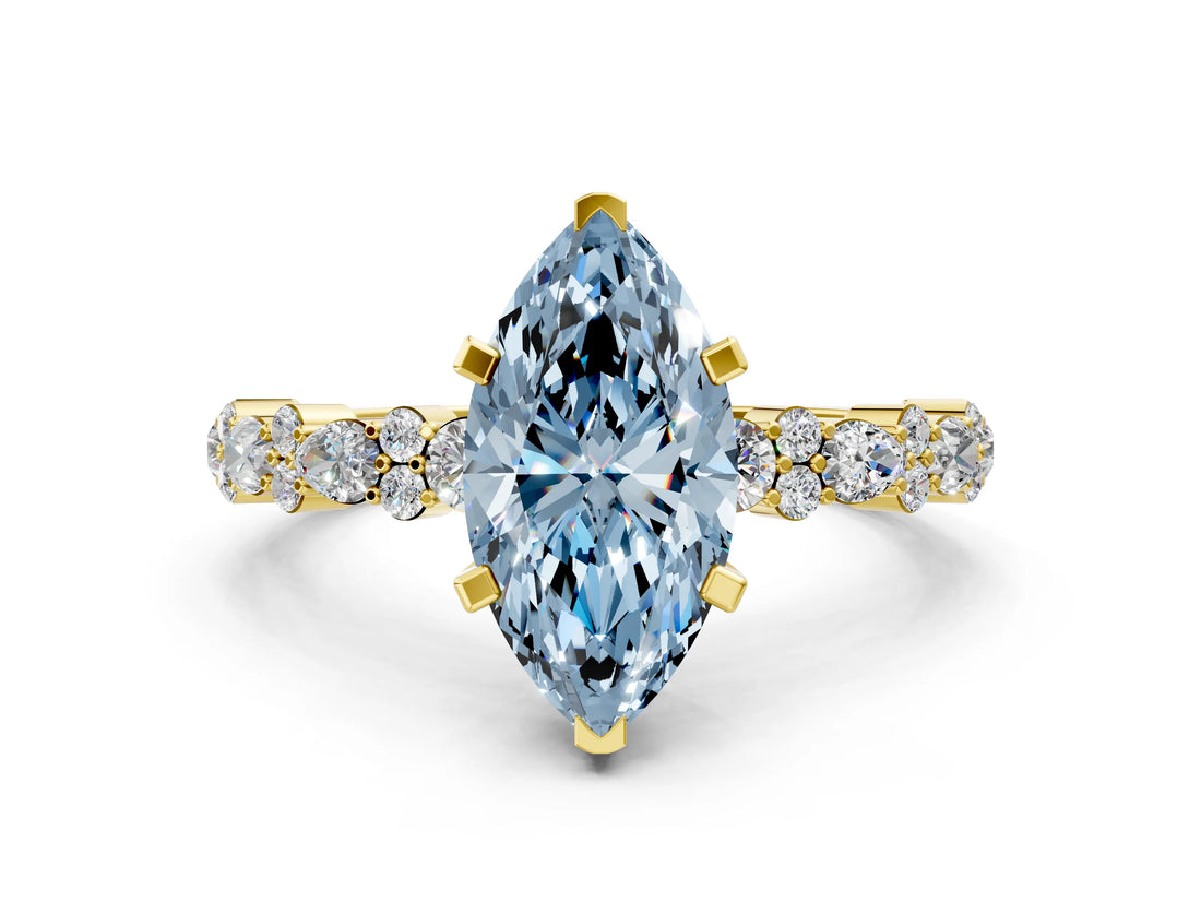 Yellow gold Fancy Blue Marquise Cut Diamond Solitaire with Side Stones, Pave Band, Four-Prong Setting_118