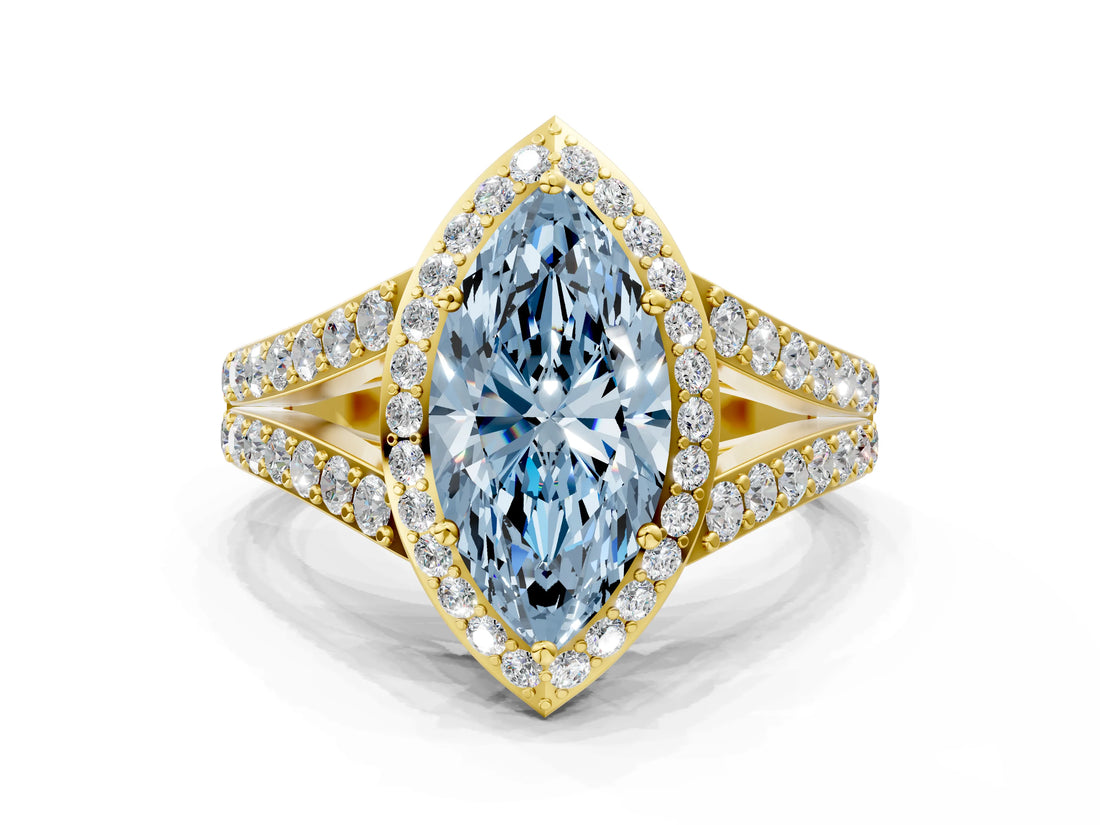 Yellow gold Fancy Blue Marquise Cut Diamond Split Shank Halo Ring with Four-Prong Setting_41