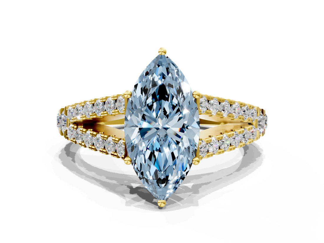 Yellow gold Fancy Blue Marquise Cut Diamond Split Shank Pavé Engagement Ring with Four-Prong Setting_92
